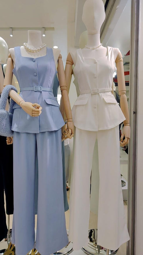 Single Breasted Square Neck Tops And Trousers Sets With Belt